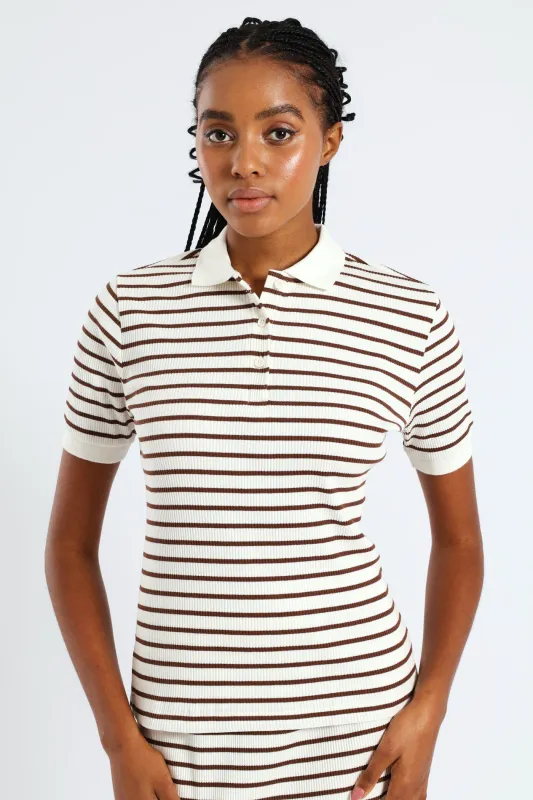 Striped Rib Collar Tee - White/Mocha sold by Edgars