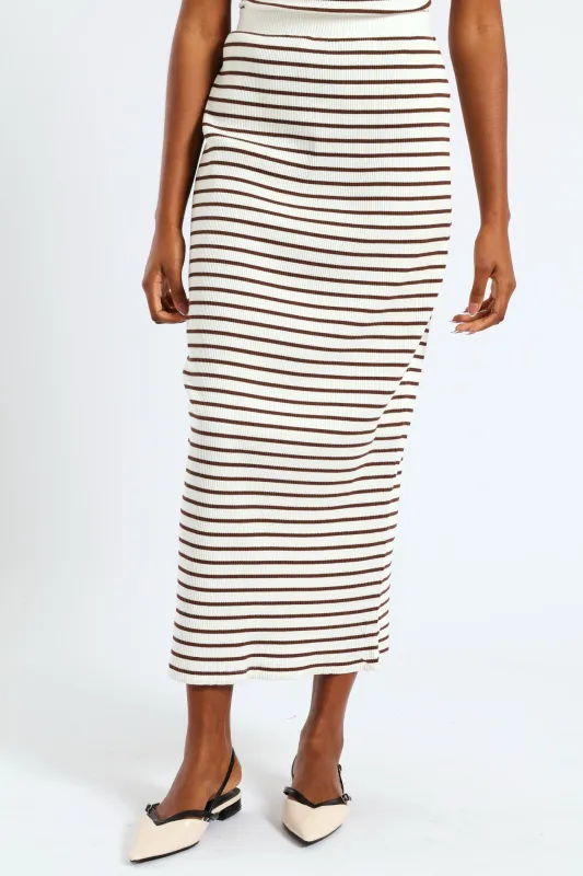 Pull On Striped Rib Midi Skirt - White/Mocha sold by Edgars