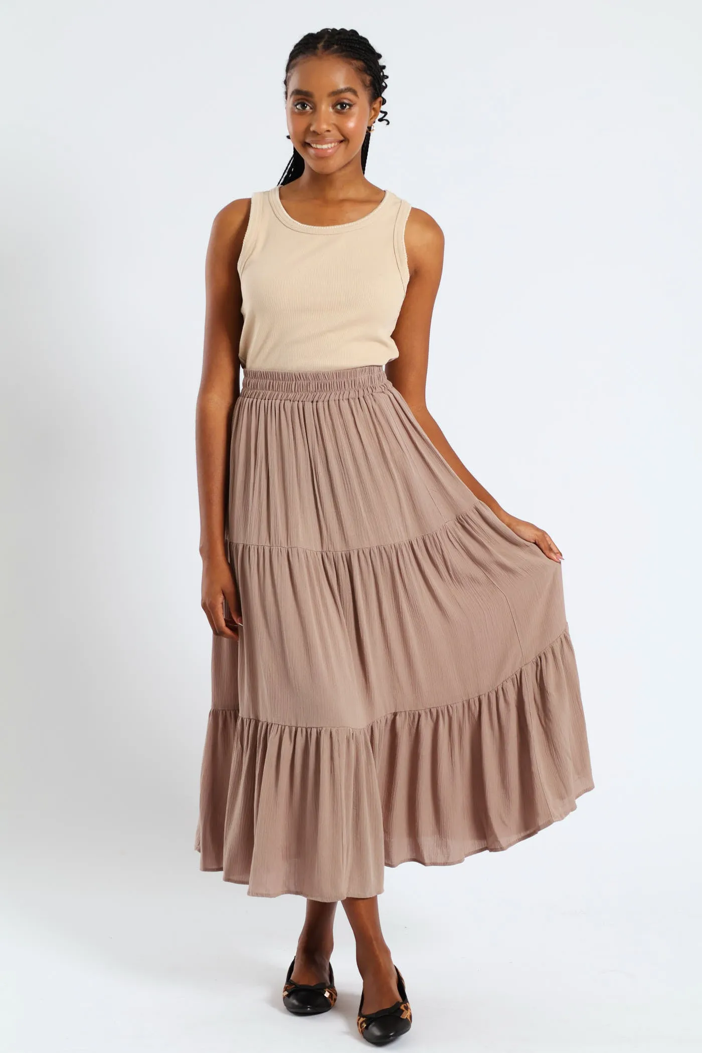 Elasticated Waist Tiered Gypsy Maxi Skirt - Taupe sold by Edgars