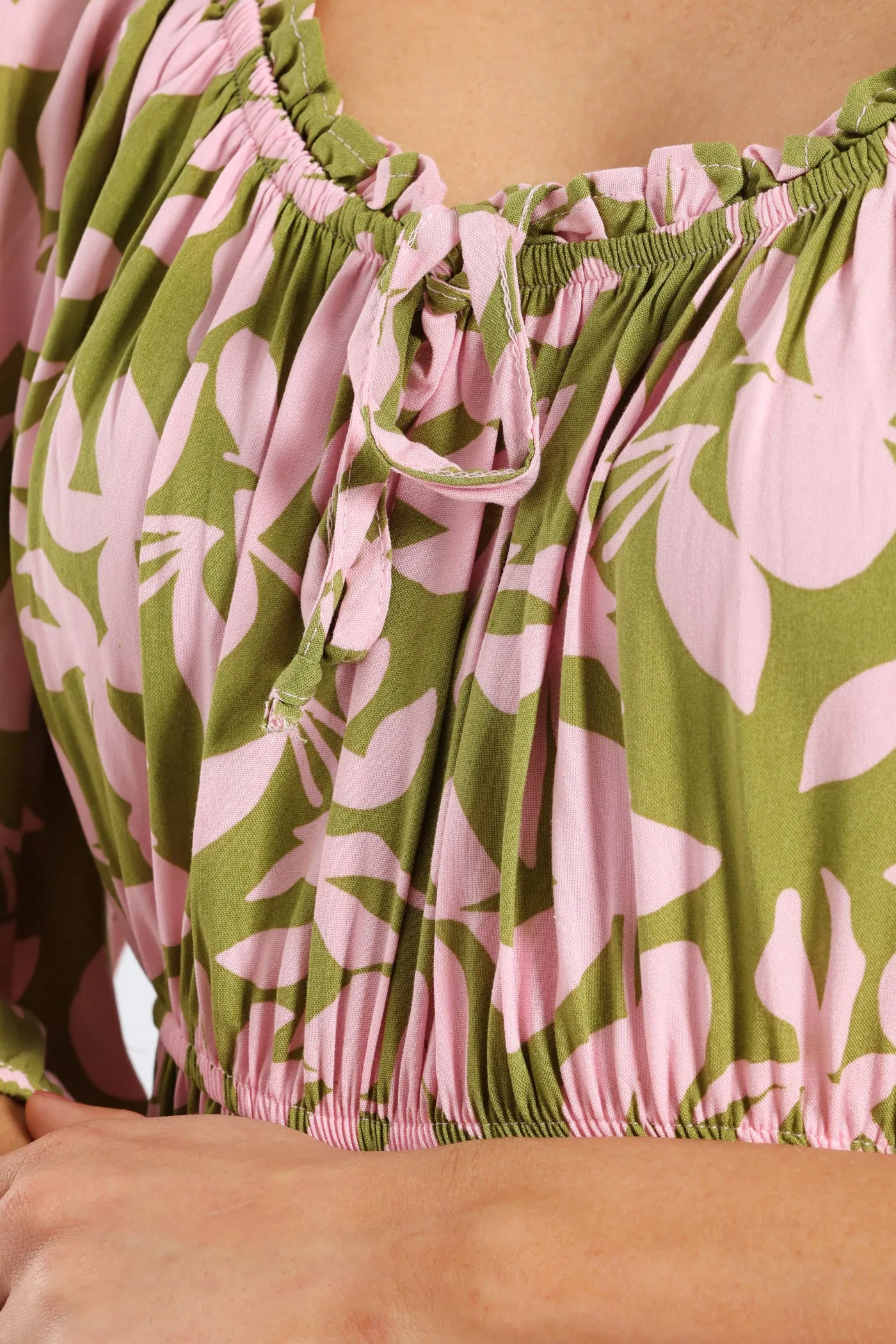 3/4 Sleeve Frill Bardot Neck Elastic Detail Midi Dress - Chartreuse/Mauve sold by Edgars product image thumbnail 5