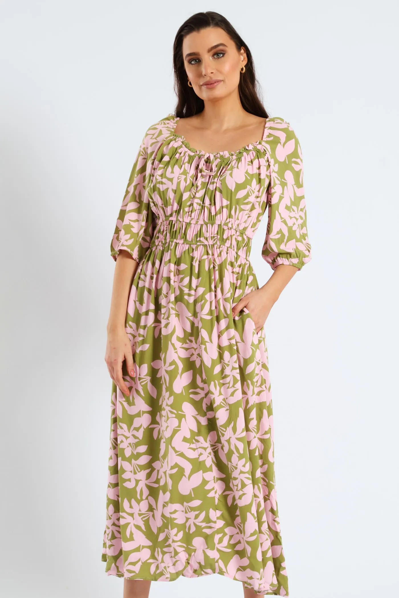 3/4 Sleeve Frill Bardot Neck Elastic Detail Midi Dress - Chartreuse/Mauve sold by Edgars product image thumbnail 2