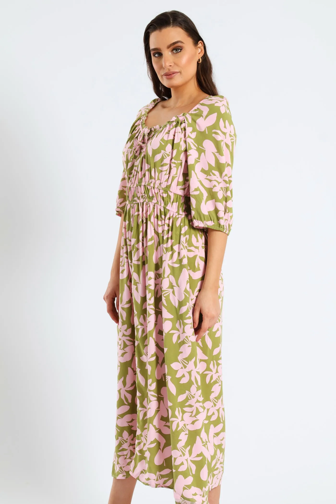 3/4 Sleeve Frill Bardot Neck Elastic Detail Midi Dress - Chartreuse/Mauve sold by Edgars product image thumbnail 3