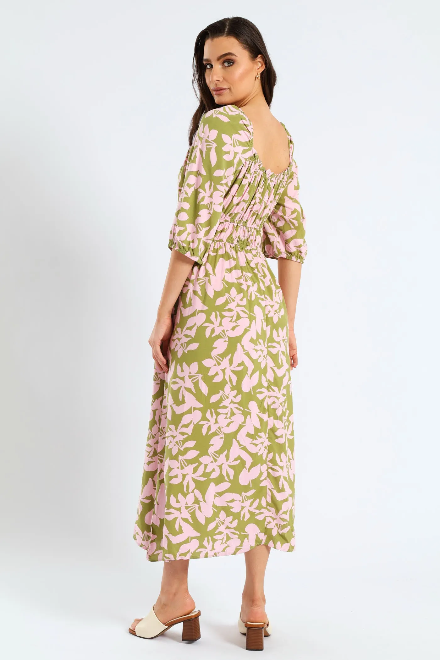 3/4 Sleeve Frill Bardot Neck Elastic Detail Midi Dress - Chartreuse/Mauve sold by Edgars product image thumbnail 4