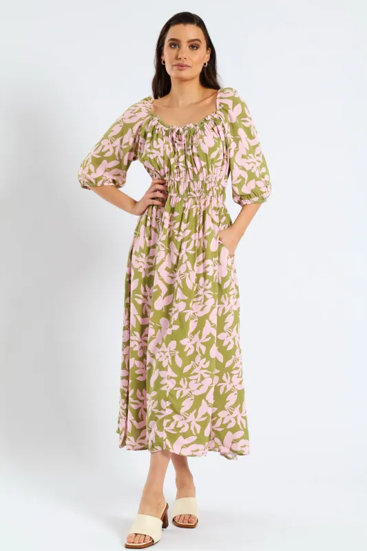 3/4 Sleeve Frill Bardot Neck Elastic Detail Midi Dress - Chartreuse/Mauve sold by Edgars