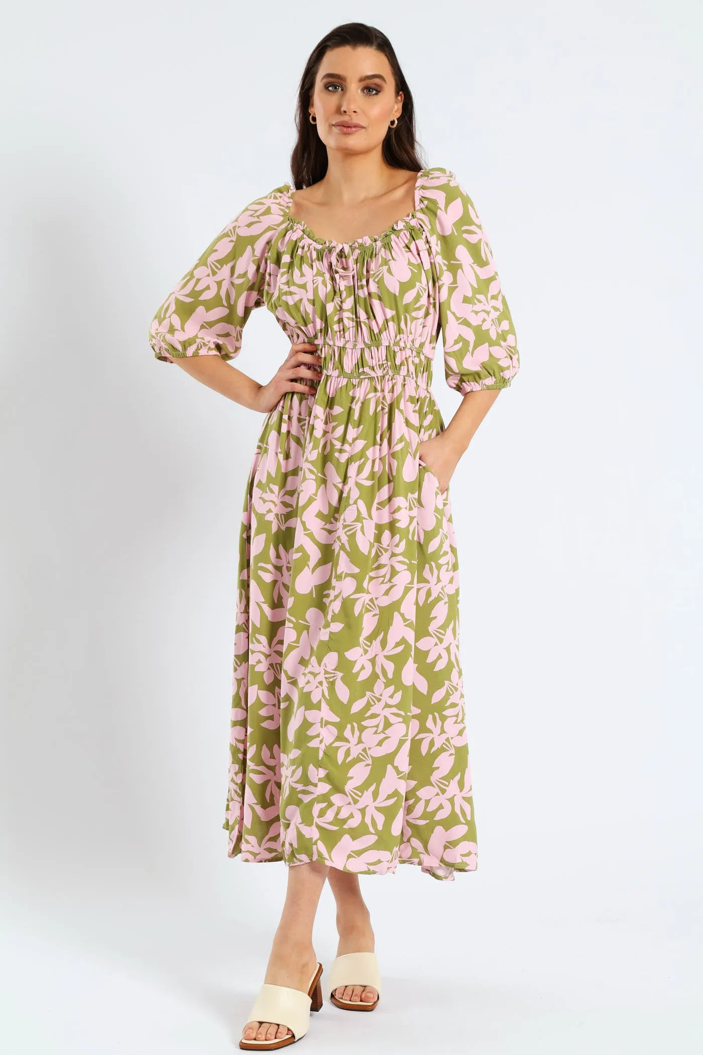 3/4 Sleeve Frill Bardot Neck Elastic Detail Midi Dress - Chartreuse/Mauve sold by Edgars