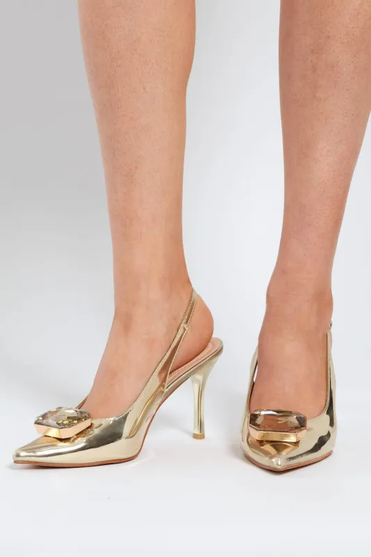Jewel Trim Sling Back Stiletto Heel - Gold sold by Edgars