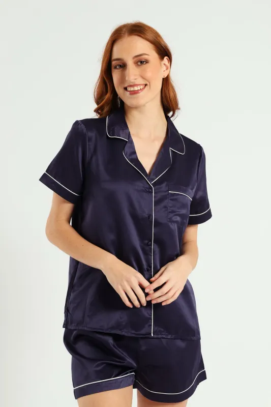 Short Sleeve Button Through Satin Short Set - Navy sold by Edgars