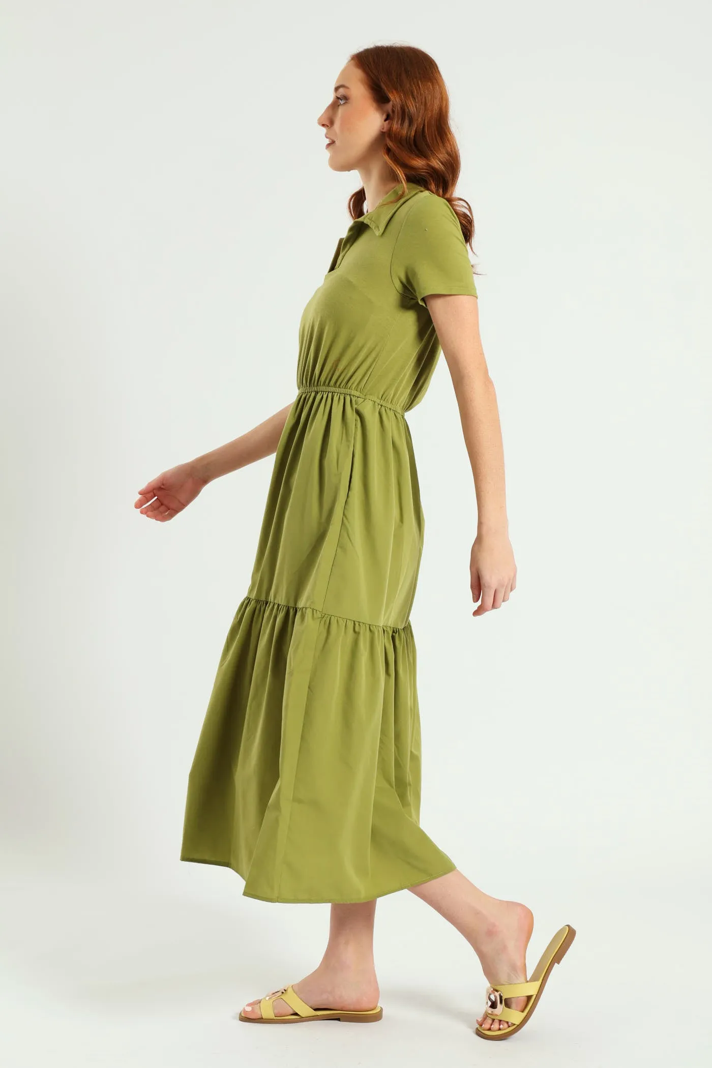 Jonny Collar Tiered Cotton Combo Midaxi Dress - Olive sold by Edgars product image thumbnail 2
