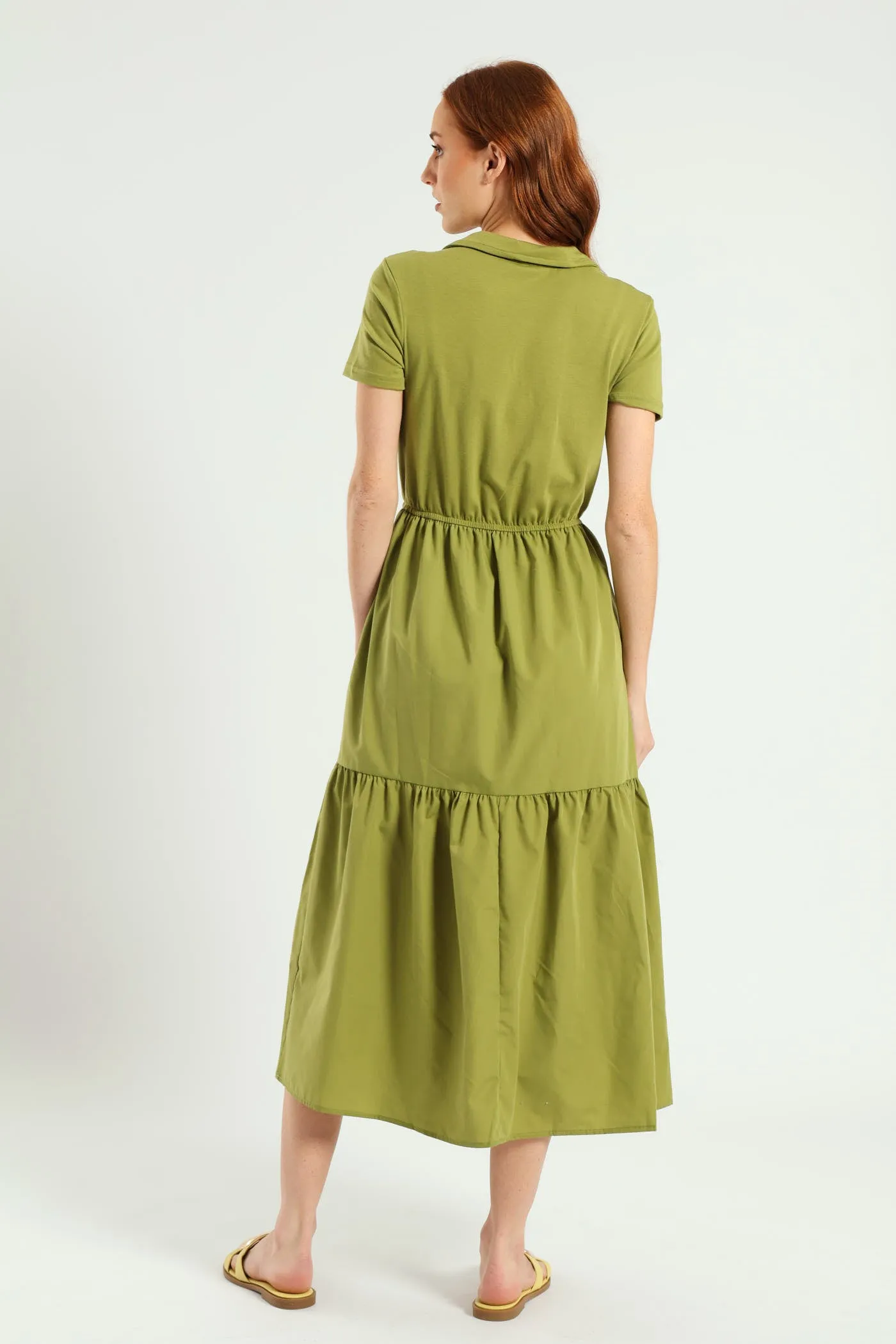 Jonny Collar Tiered Cotton Combo Midaxi Dress - Olive sold by Edgars product image thumbnail 3
