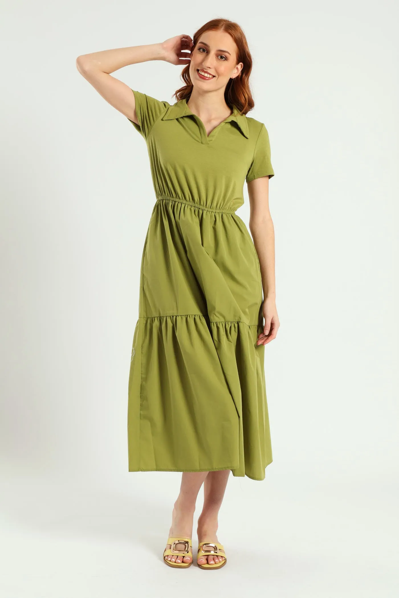 Jonny Collar Tiered Cotton Combo Midaxi Dress - Olive sold by Edgars