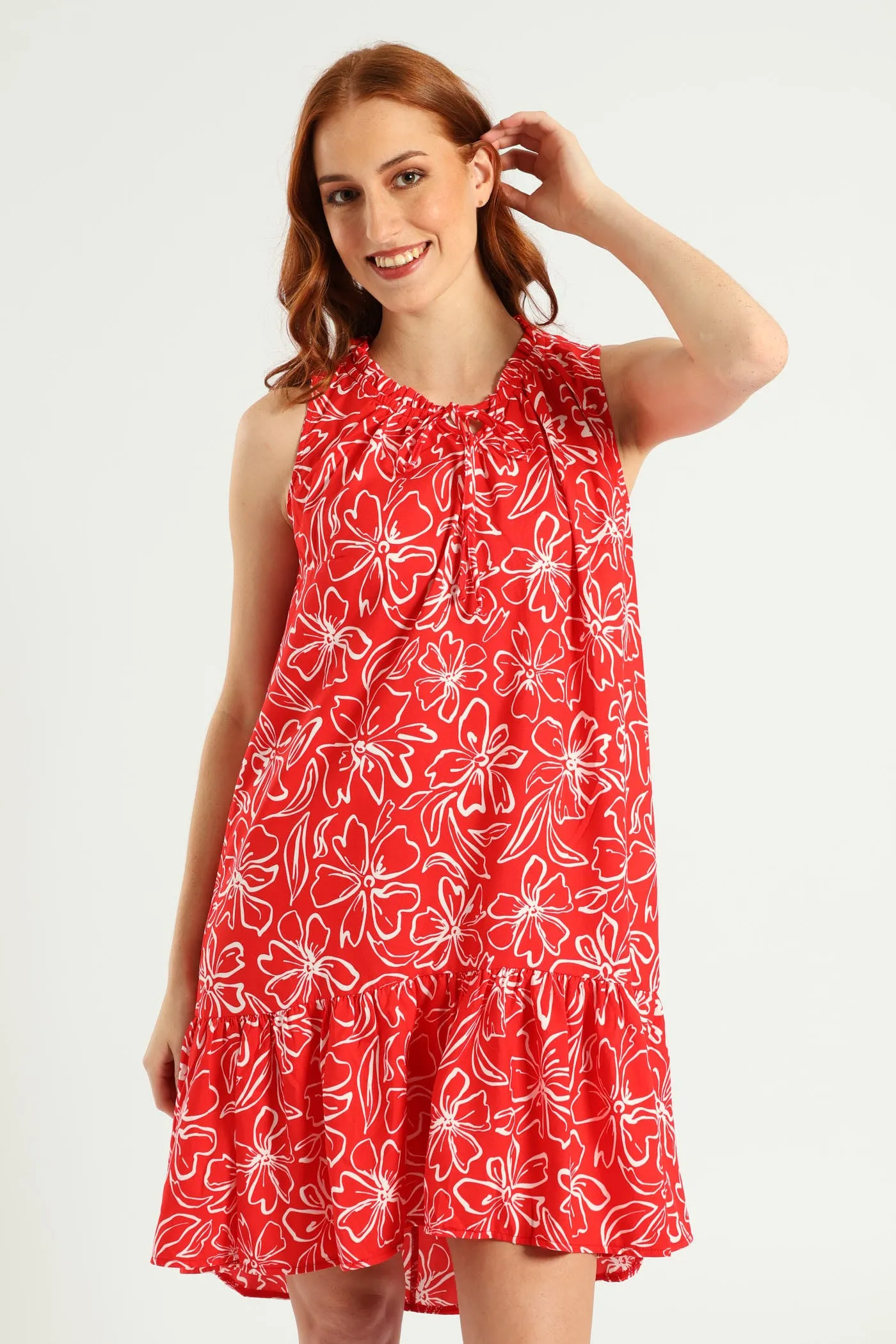 Sleeveless Printed Frill Neck Drop Hem Dress - White/Red sold by Edgars