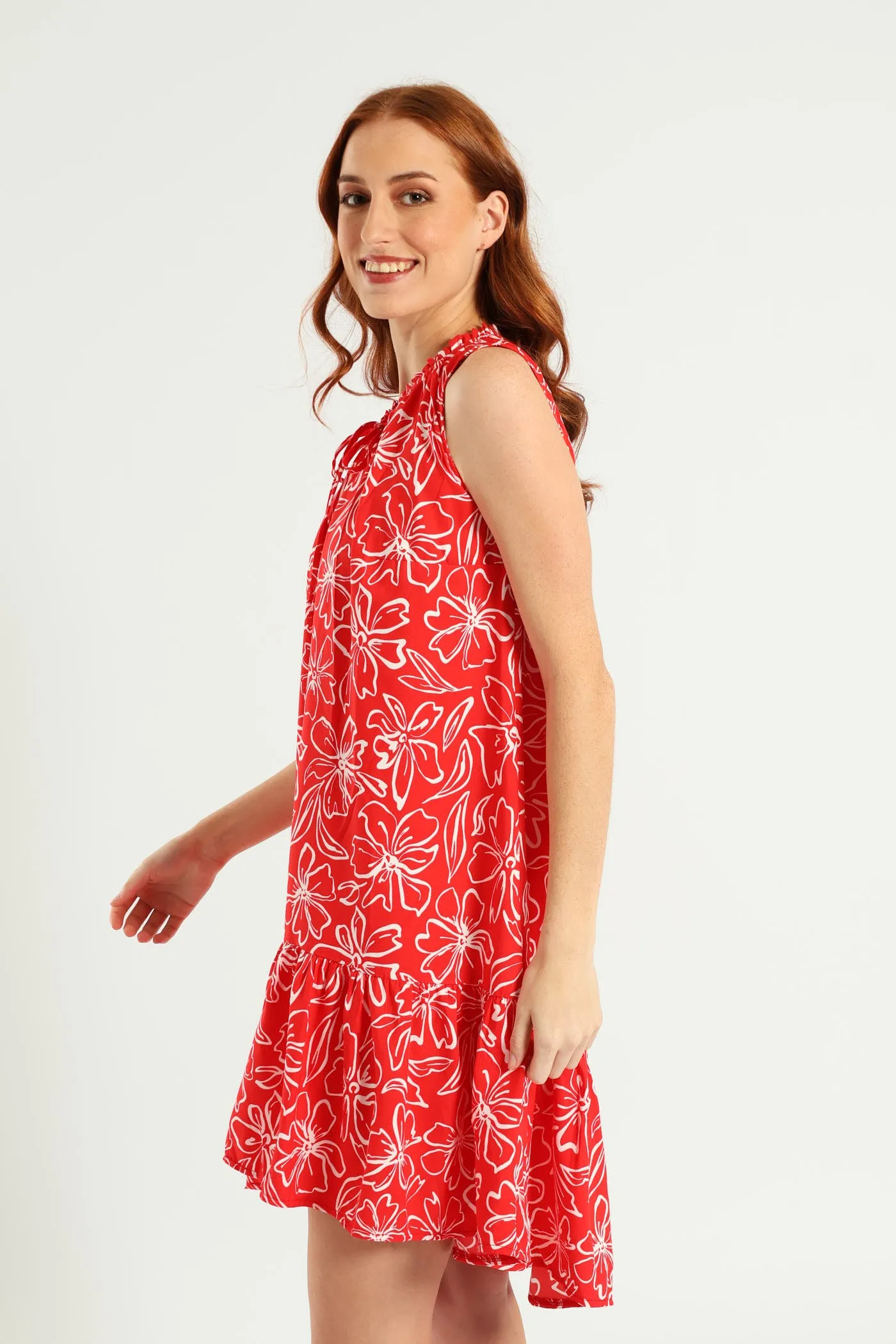 Sleeveless Printed Frill Neck Drop Hem Dress - White/Red sold by Edgars product image thumbnail 2