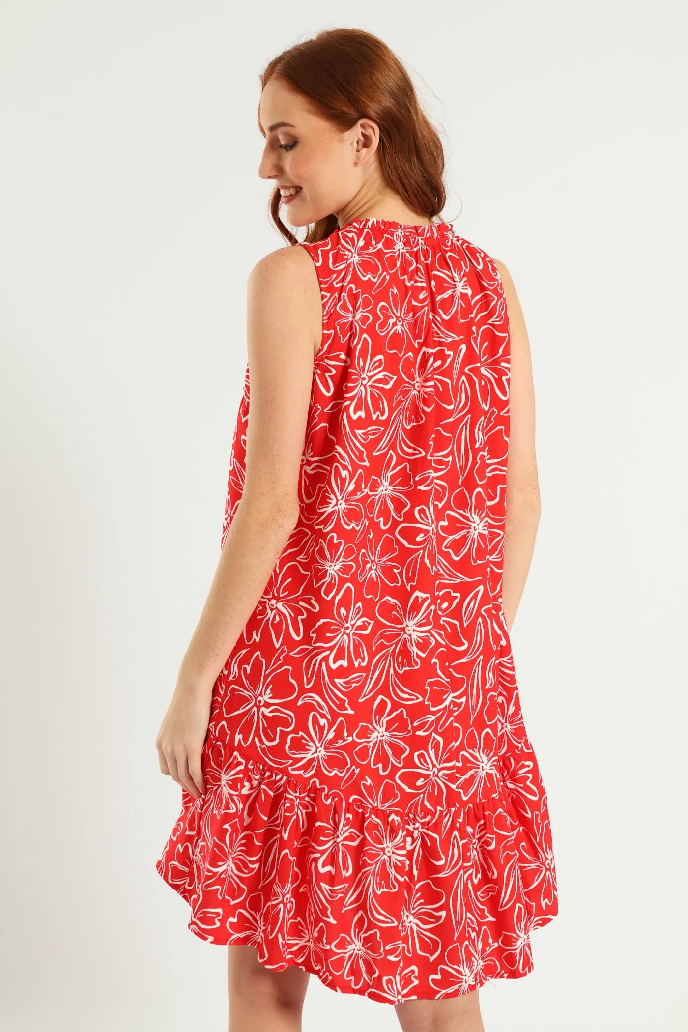 Sleeveless Printed Frill Neck Drop Hem Dress - White/Red sold by Edgars product image thumbnail 3