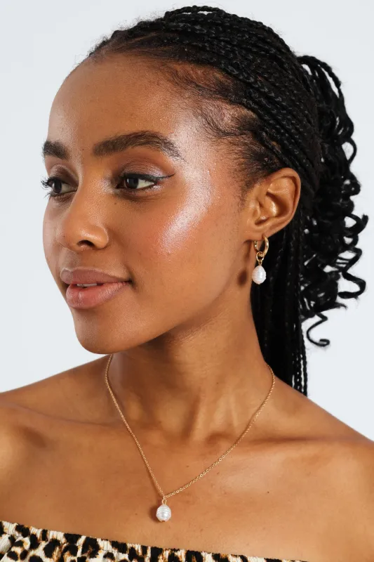 2 Pack Pearl Bead Small Hoop Pendant Earrings - Gold sold by Edgars