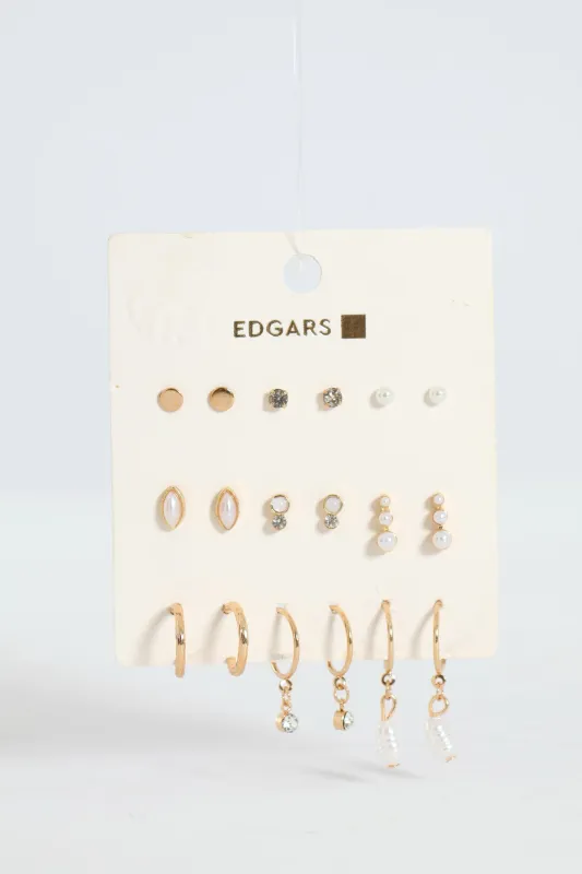 9 Pack Pearl Bead Studs Small Hoop Earrings - Gold sold by Edgars