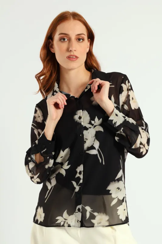 Monochrome Bold Floral Chiffon Shirt - Black sold by Edgars