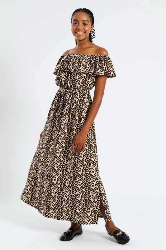 Frill Bardot Self Belted Crinkle Midi Dress - Multi sold by Edgars