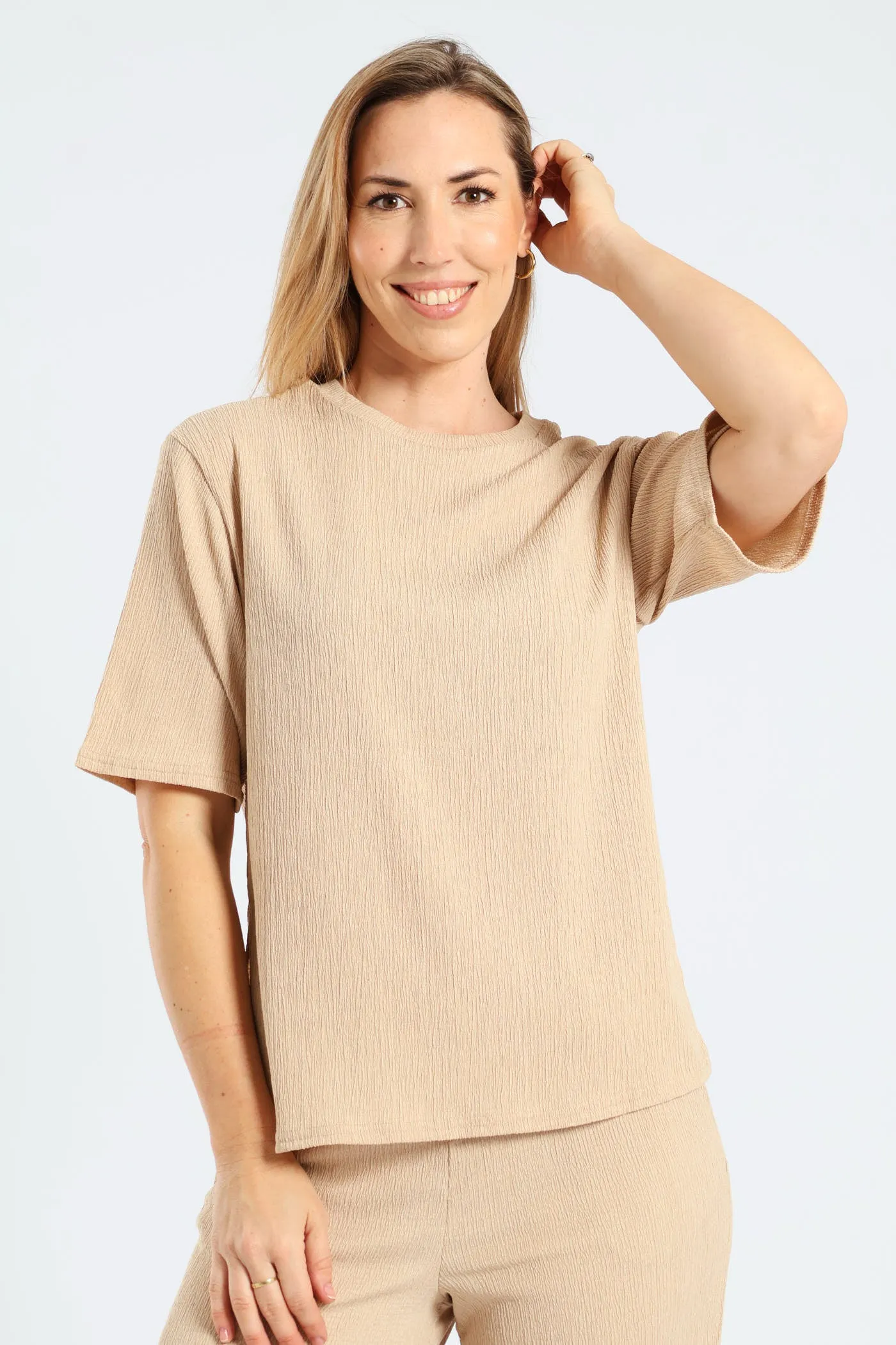 Side Slit Relaxed Oversized Crinkle Tee - Stone sold by Edgars
