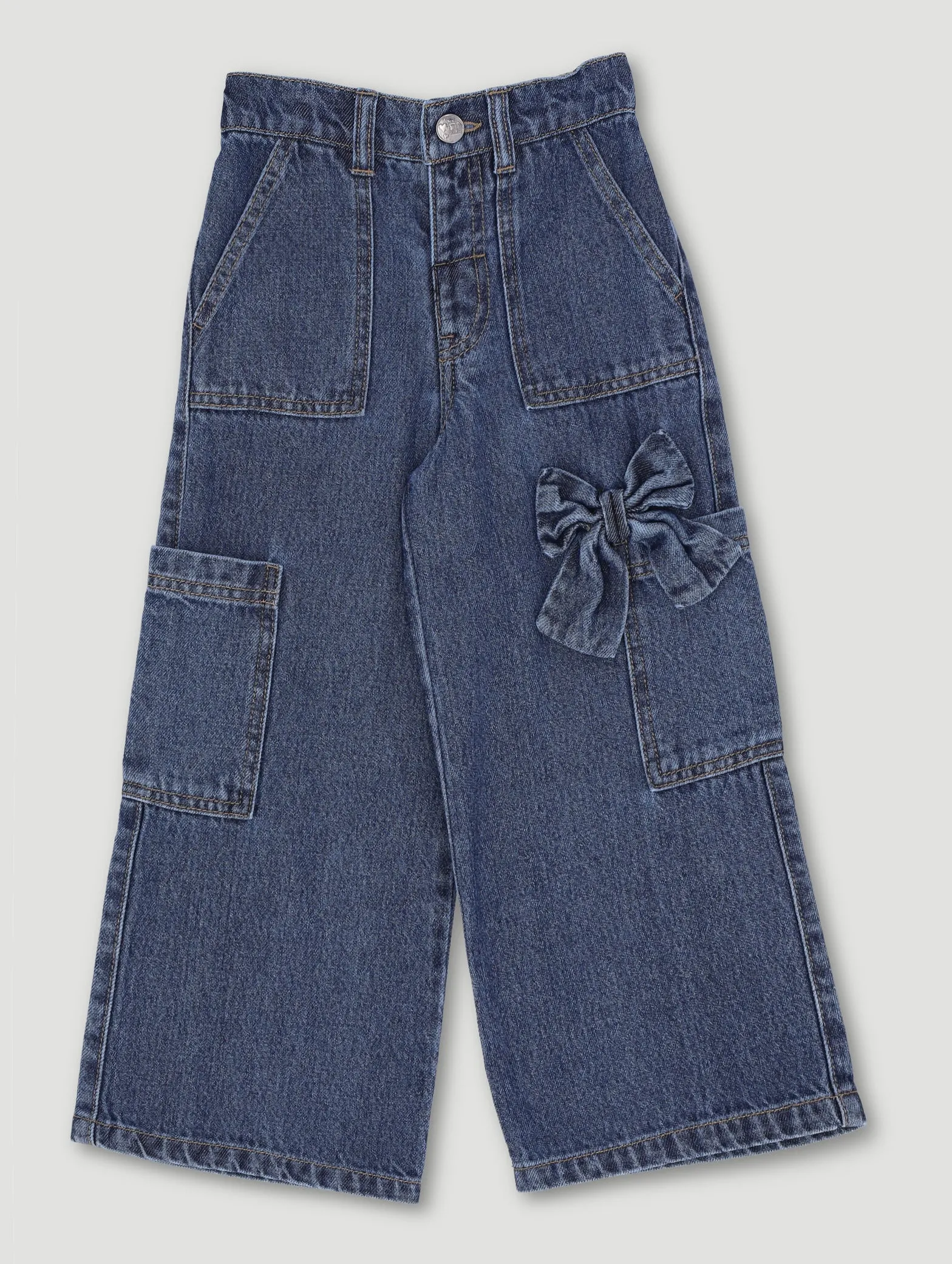 Pre-Girls Bow Cargo Wideleg Denim - Mid Blue sold by Edgars