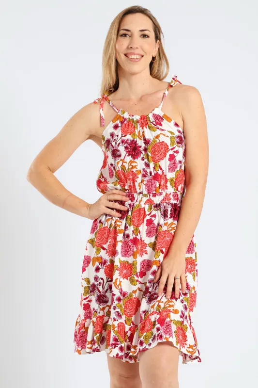 Sleeveless Strappy Shirred Waist Printed Mini Dress - White sold by Edgars