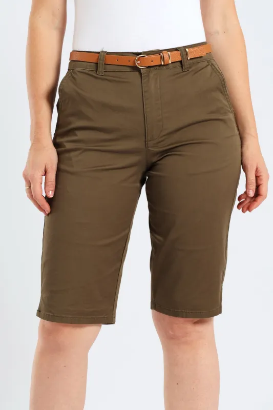 Belted Stretch Sateen Chino Bermuda Shorts - Light Fatigue sold by Edgars