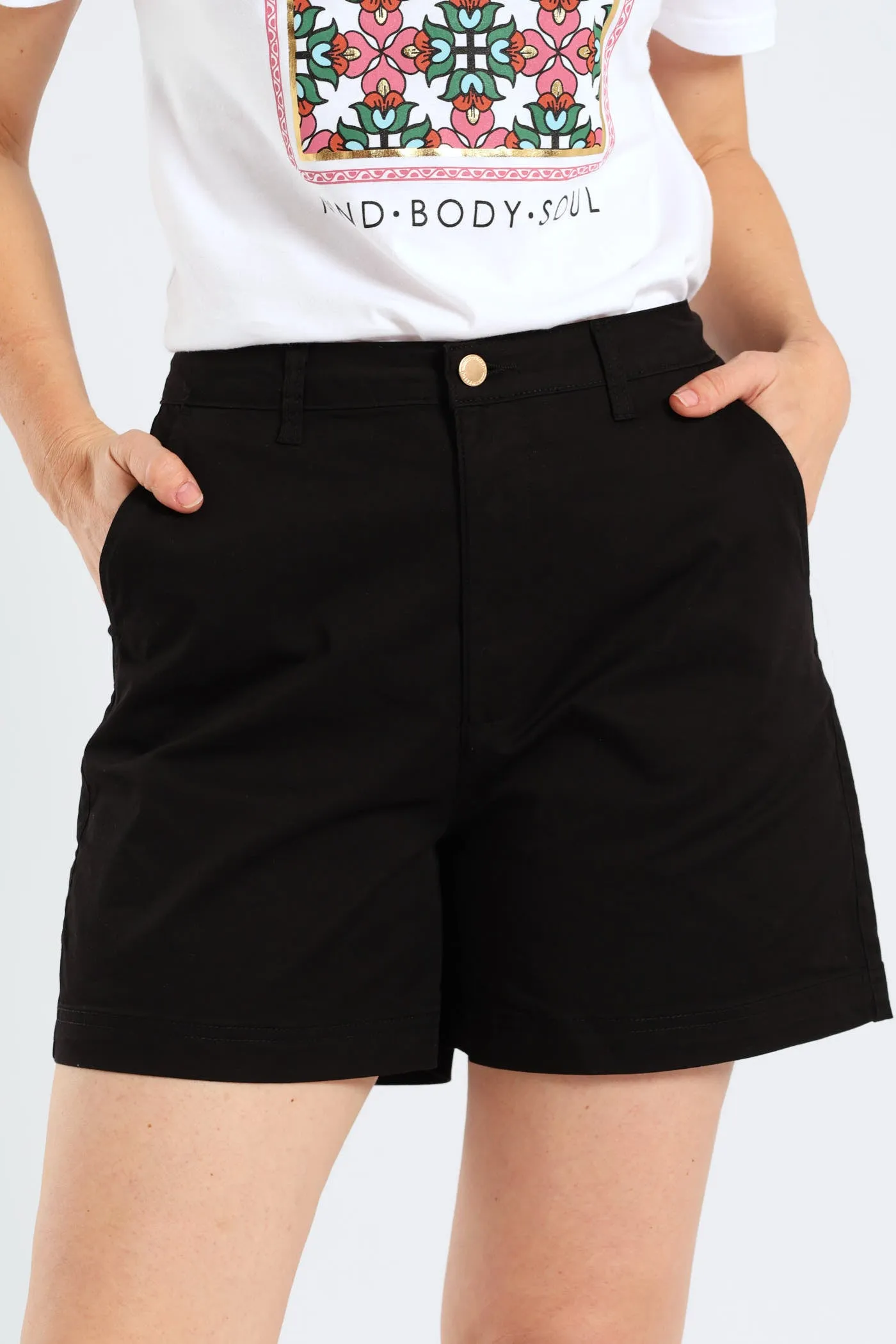 Stretch Sateen Mid Thigh Chino Short - Black sold by Edgars