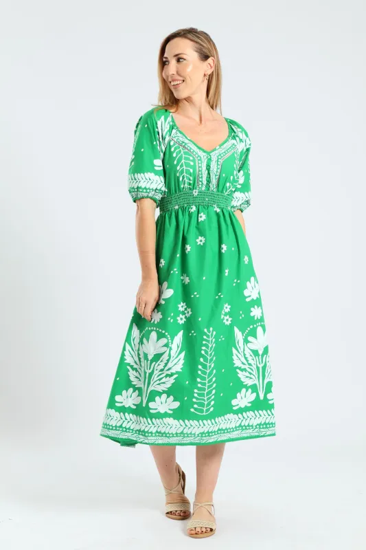 3/4 Sleeve V-Neck Border Print Midaxi Dress - Emerald sold by Edgars