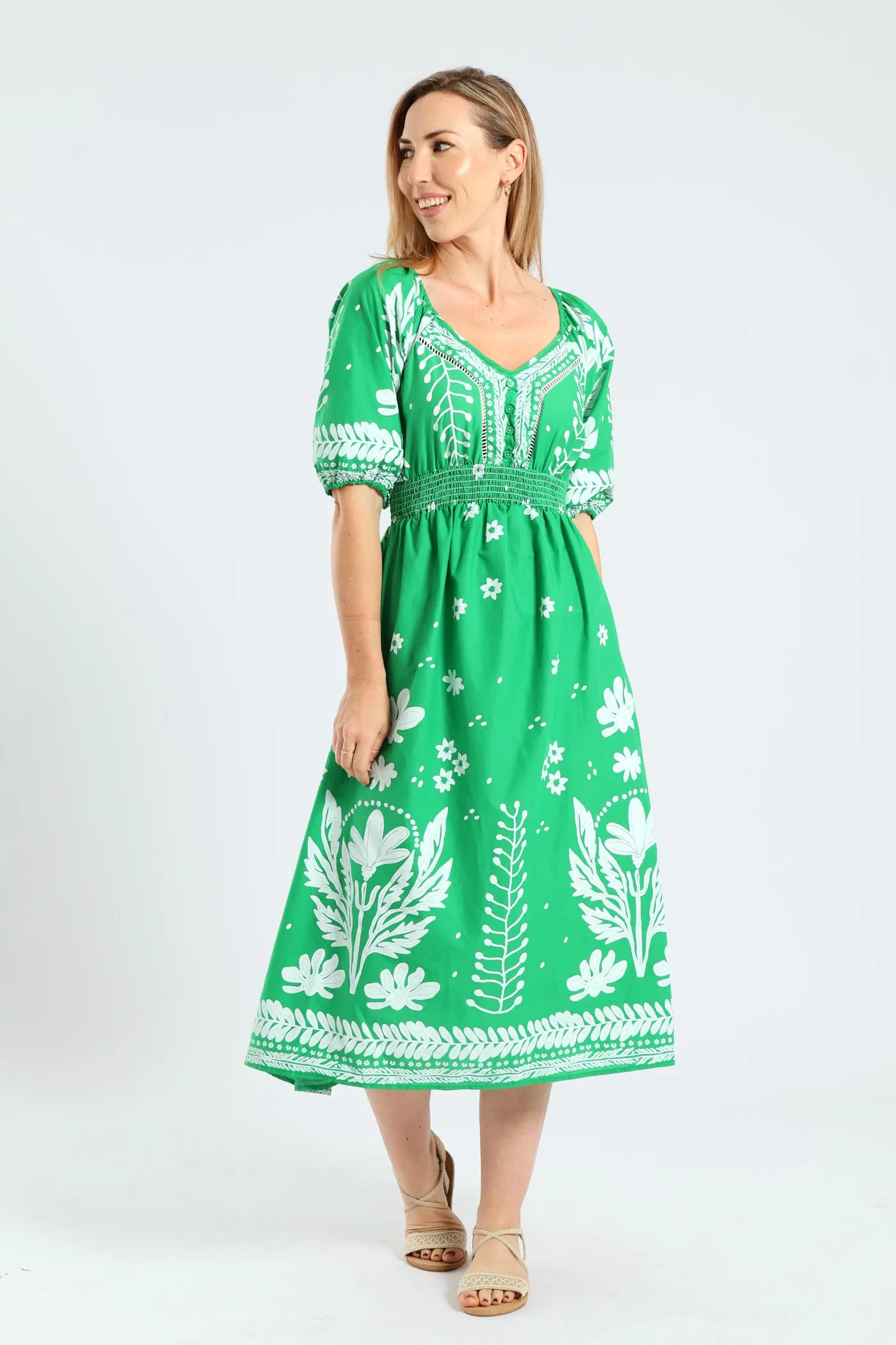 3/4 Sleeve V-Neck Border Print Midaxi Dress - Emerald sold by Edgars