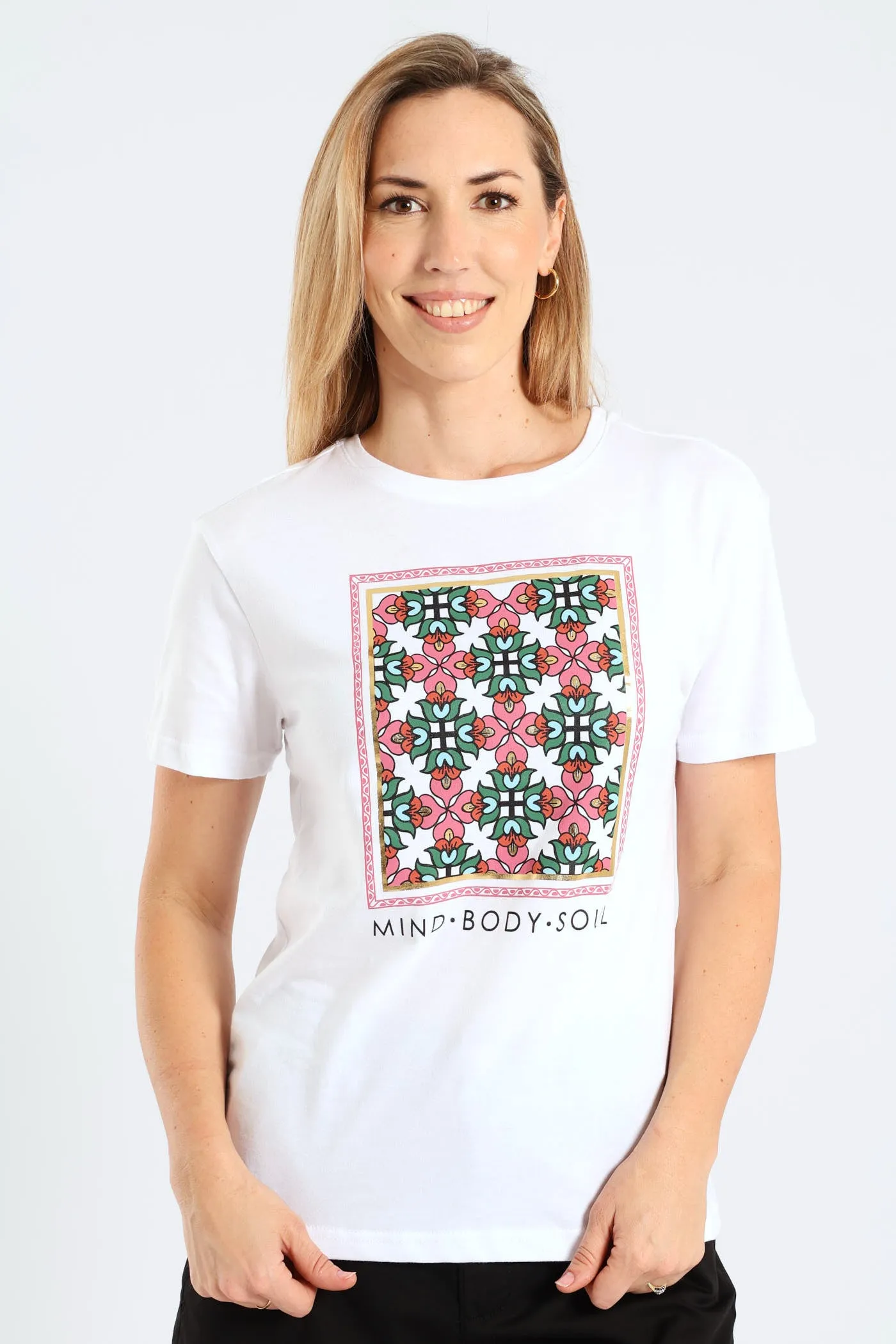 Mind Body Soul Geometric Floral Frame Foil Tee - White sold by Edgars