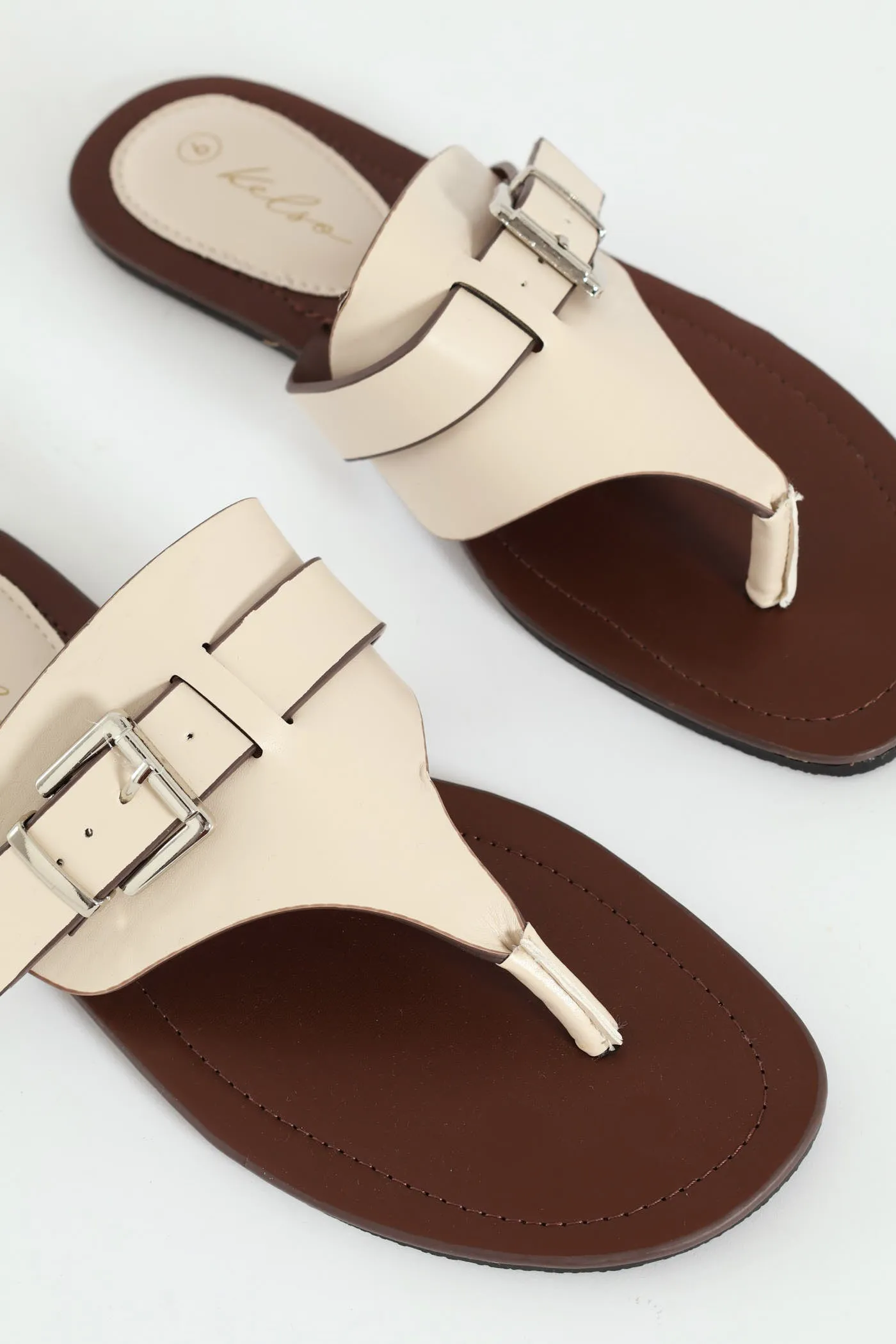 Padded Sock & Buckle Detail Thong Sandal - Off White sold by Edgars