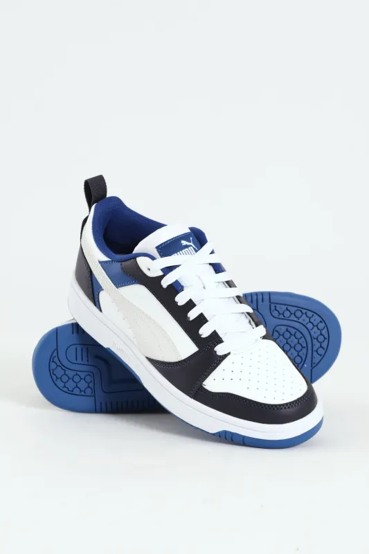 Boys Puma Rebound V6 Low Sneaker - White/Blue sold by Edgars