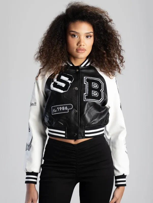 Made The Cut Faux Leather Logo Bomber Jacket - Black/White sold by Edgars