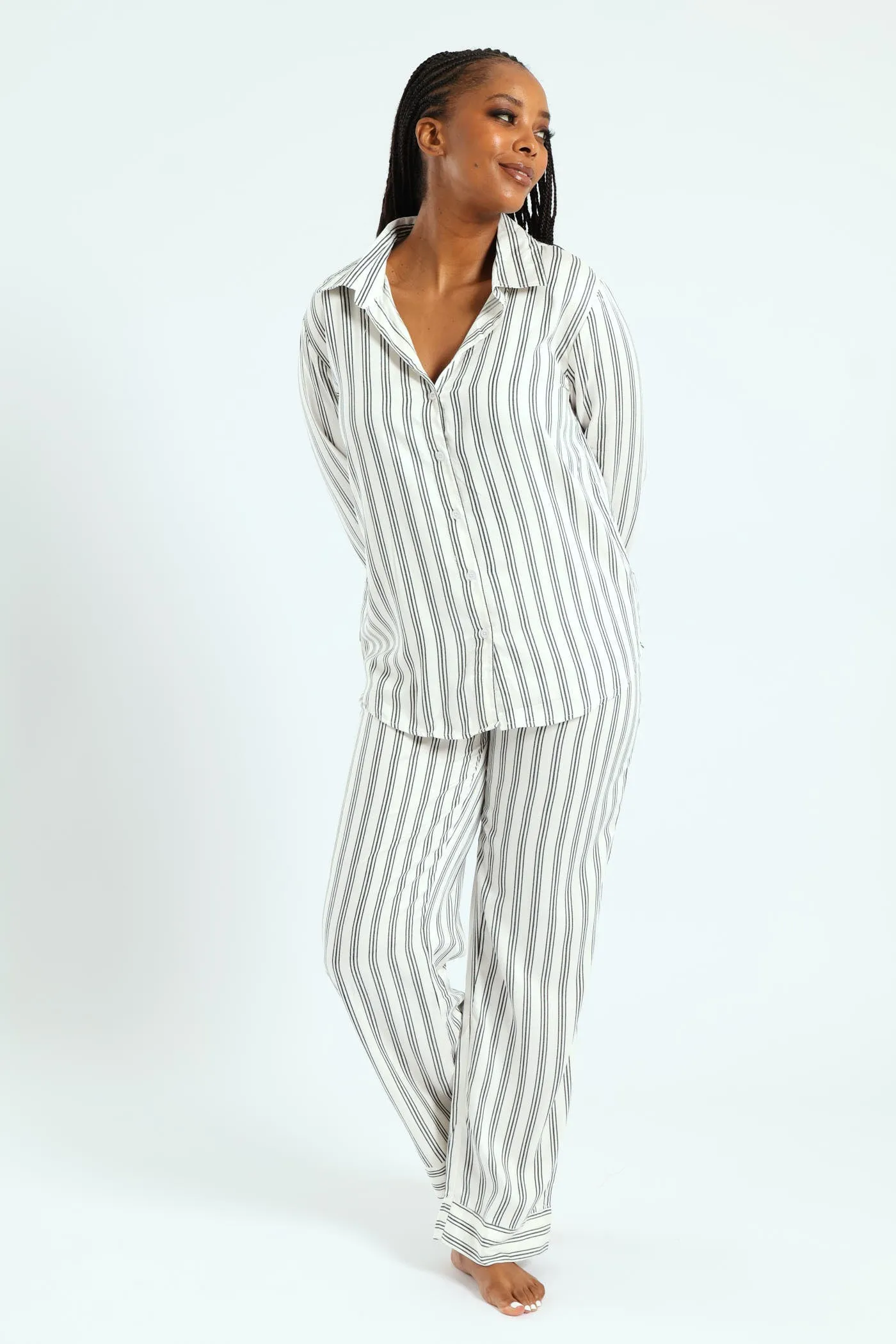 Button Through Stripe Top & Pant Set - Black/White sold by Edgars