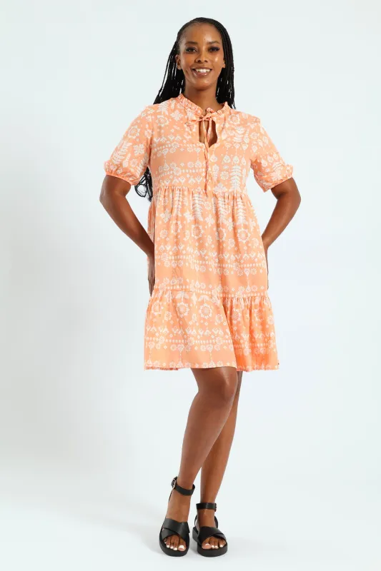 Frill Neck & Tie Swing Mini Dress - Coral sold by Edgars
