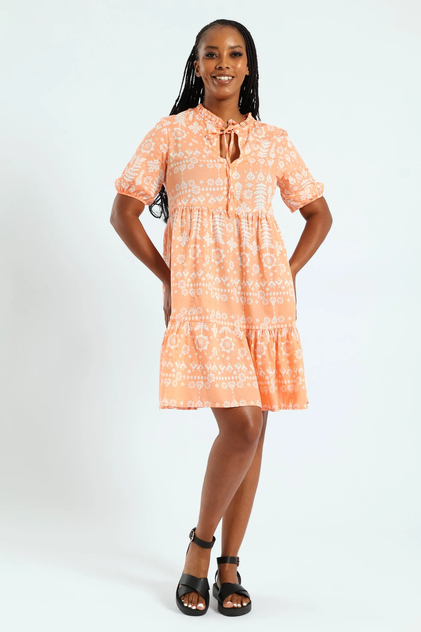 Frill Neck & Tie Swing Mini Dress - Coral sold by Edgars