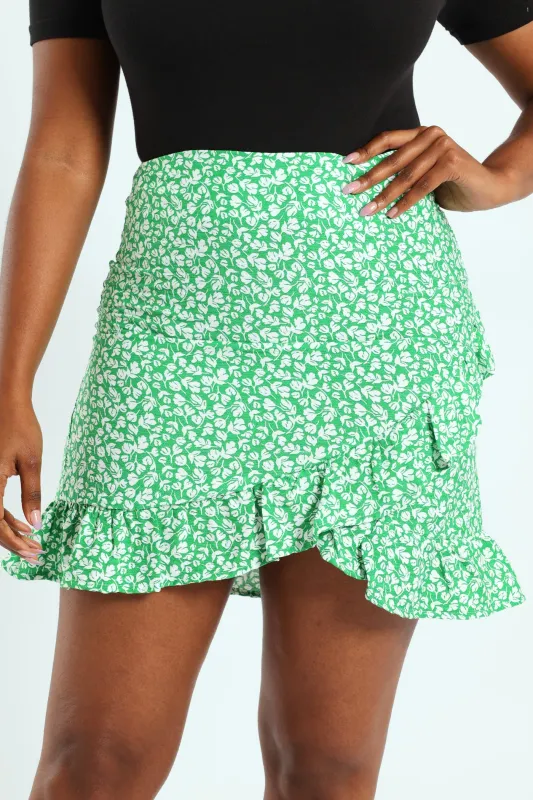 Pull-On Mock Wrap Frill Hem Mini Skirt - White/Green sold by Edgars