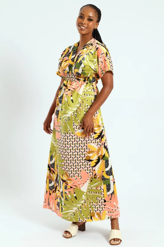Short Sleeve V-Neck Shirred Waist Printed Satin Maxi Dress - Multi sold by Edgars