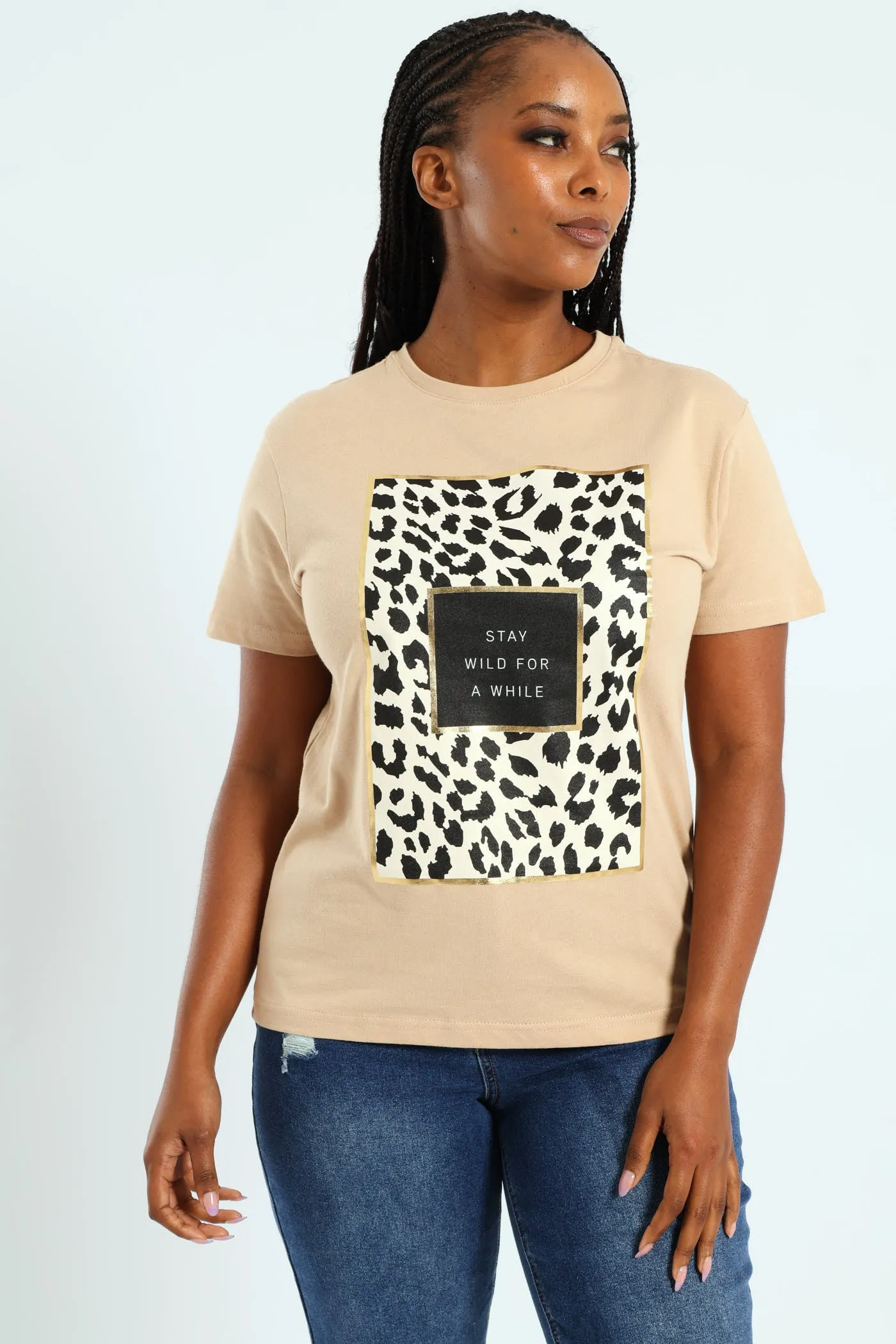 Stay Wild Leopard Frame Tee - Tan sold by Edgars