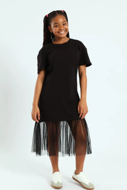 Girls Knit Tee Mesh Skirt Combo Dress - Black sold by Edgars