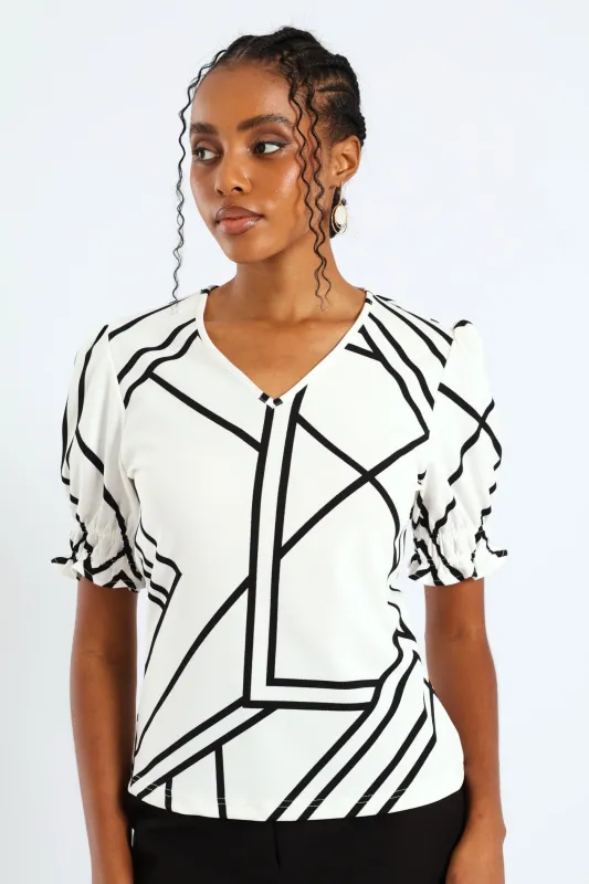 V-Neck Puff Sleeve Blouse - Black/White sold by Edgars 