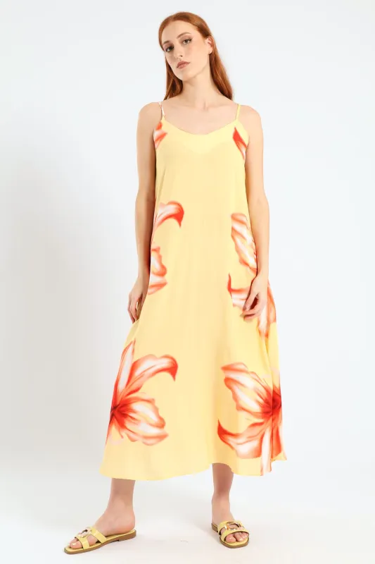 Strappy A-Line Hyper Floral Slip Midi Dress - Light Yellow sold by Edgars