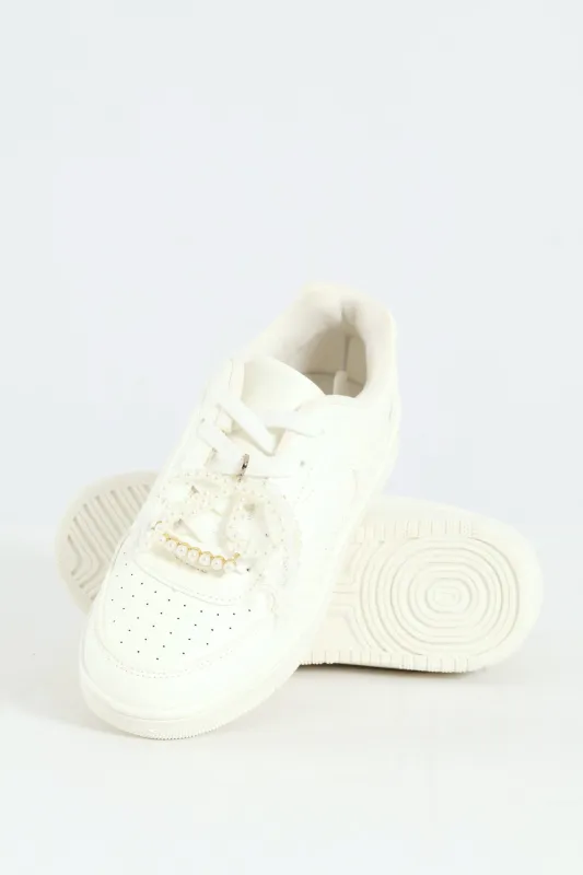 Girls Pearl Trim Basic Sneaker - White sold by Edgars