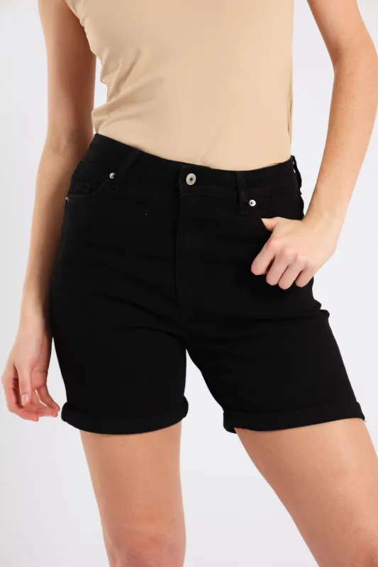 Classic Roll Hem Mid Thigh Supersoft Denim Short - Black sold by Edgars