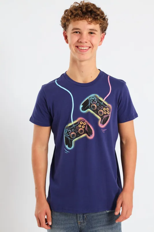 Boys Gamer Control Print Tee - Navy sold by Edgars