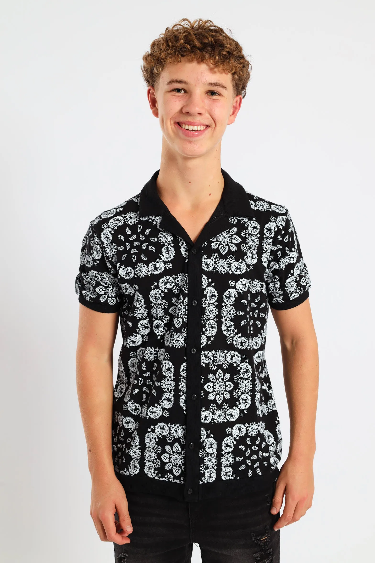 Boys Bandana Print Knit Shirt - Black sold by Edgars