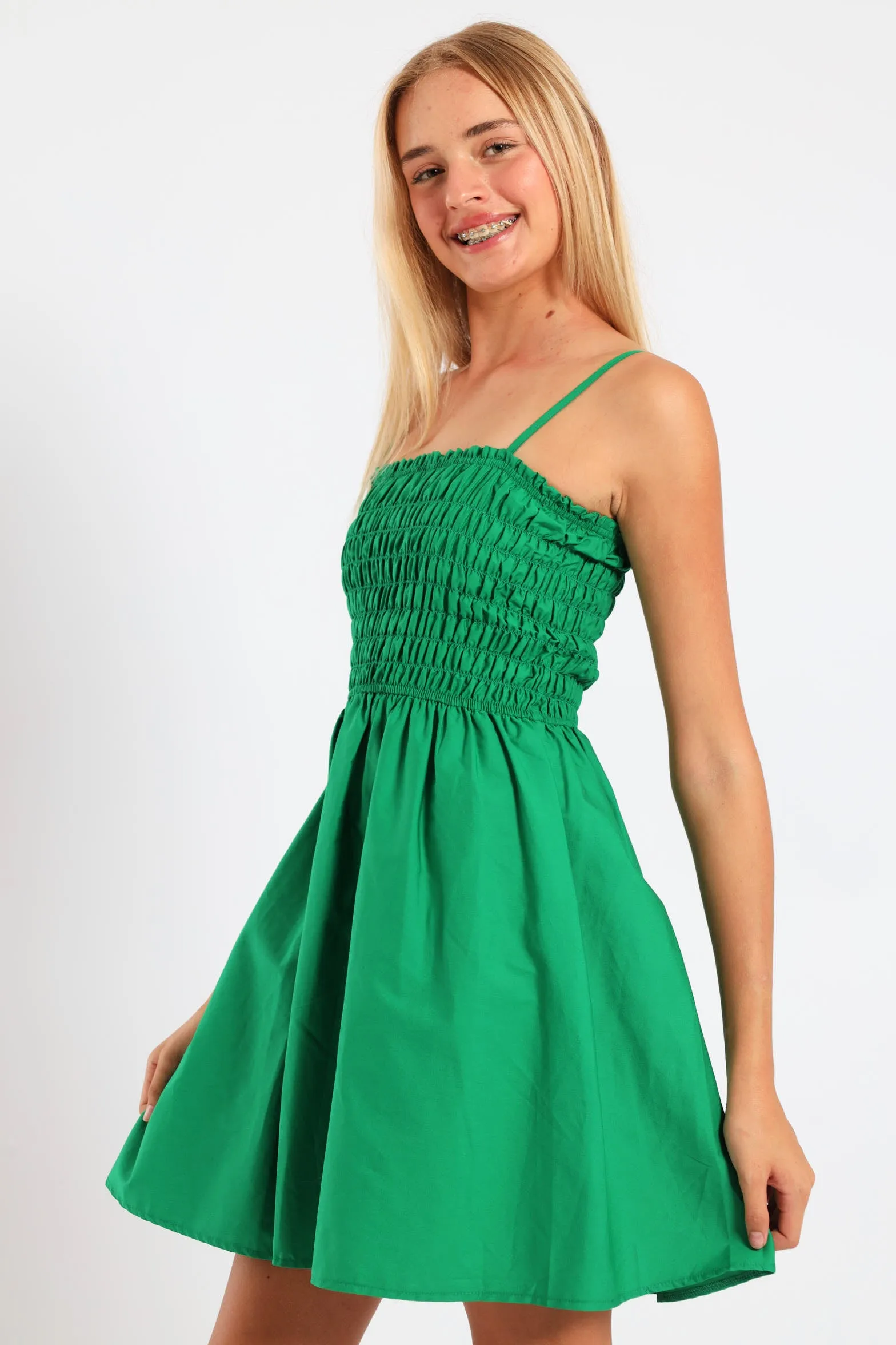 Girls Shirred Bodice Flare Skirt Poplin Dress - Green sold by Edgars product image thumbnail 3