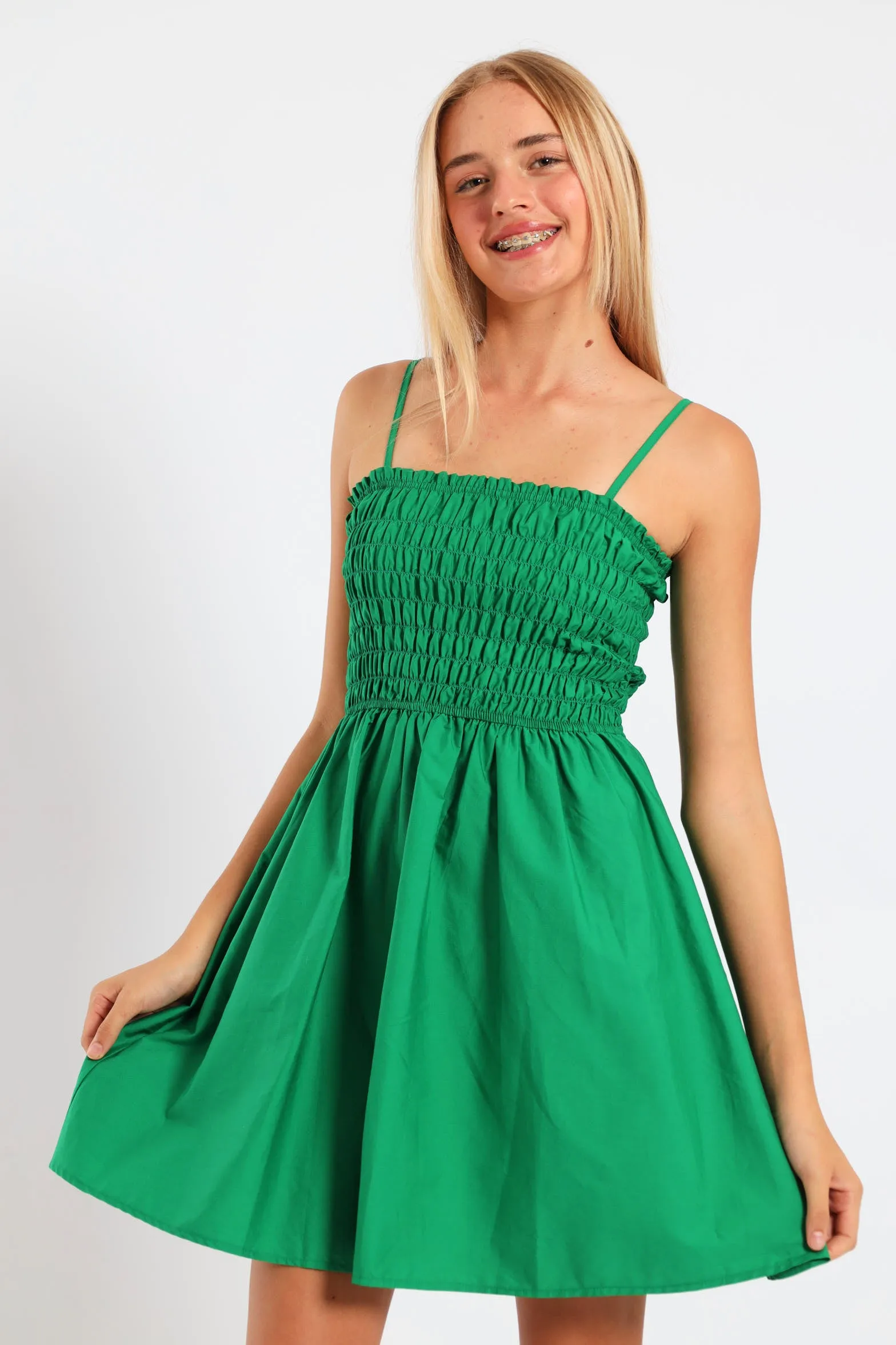 Girls Shirred Bodice Flare Skirt Poplin Dress - Green sold by Edgars