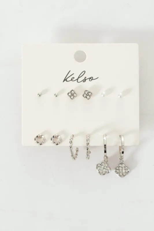 6 Pack Clover Stud & Hoop Earrings - Silver sold by Edgars 