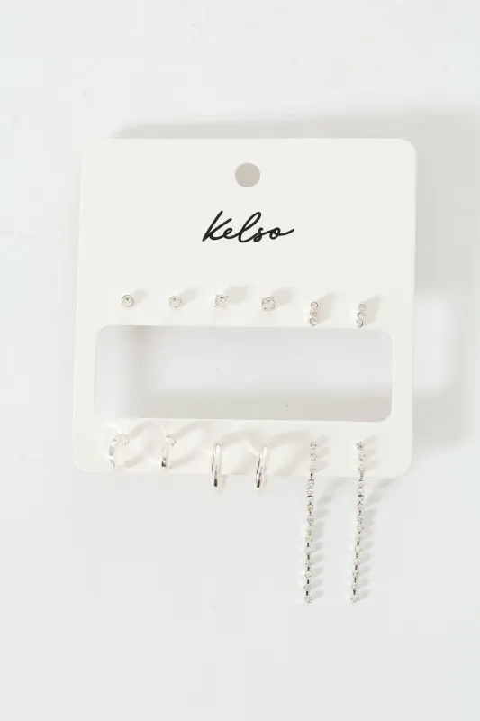 6 Pack Diamante Hoop Stud Drop Earrings - Silver sold by Edgars