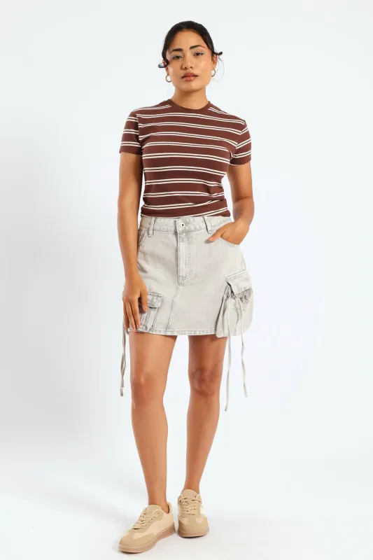 Short Sleeve Yarn Dye Stripe Tee - Brown sold by Edgars